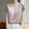 Atacado Transfronteiriço Nova Coleção Primavera e Verão 2026 Camiseta de Gola Redonda Manga Curta para Mulheres Cor Sólida Cetim Sedoso Imitação de Seda Top Camiseta para Mulheres