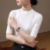 Nova Camiseta Modal de Gola Redonda com Manga 3/4 para Primavera e Outono 2026 para Mulheres, Corte Justo, Manga Três Quartos, Top Branco de Alta Qualidade
