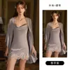 Elegante y Sexy Conjunto de Pijama de Satén con Encaje Patchwork y Espalda Cruzada con Bata para Mujer 3402