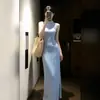 Vestido Largo Elegante de Verano Ajustado al Cuerpo que Resalta las Caderas, Nuevo Estilo Chino Estilo Nacional Vestido Cheongsam Rayado Azul para Mujer