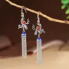King Ciervo Dorado Plata S925 Vintage Esmalte Cloisonné Borla Larga Incrustaciones de Jade Pájaro Rojo del Sur Pendientes para Mujer