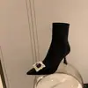 Botas slim elásticas de bico fino estilo francês com fivela quadrada, novo modelo 25, camurça com strass brilhante, botinhas de salto alto afuniladoras para mulheres