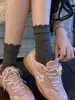"Bajando de Notting Hill" calcetines de media pantorrilla para mujer con ribete de encaje, estilo otoño, diseño fruncido, inspirados en el ballet, color liso, calcetines largos de algodón, blanco