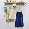 Calça Jeans Casual Wide Leg Retrô Estilo Japonês Outono 2025 Bordada com Flores Pequenas e Cintura Elástica Franzida para Mulheres