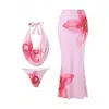 Maiô Três Peças Rosa Estampado Novo Estilo Europeu e Americano para Mulheres, Biquíni com Decote Halter, Maiô Vestido Longo para Férias na Praia, Transfronteiriço