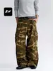 Calças de Trabalho Camufladas Estilo Retrô Americano Feng Mei Unissex Largas High Street Patchwork Desconstruído Multi-Bolsos Casuais de Perna Larga