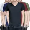 Camiseta de Modal para hombre de manga corta con cuello en V estilo coreano camiseta de verano sin cuello de manga corta de algodón mercerizado helado de color liso