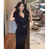 Transfronterizo 2026 Nuevo Estilo Cuello en V Tejido Francés Cuello Polo Manga Corta Bodycon Vestido Largo Retro Ajustado