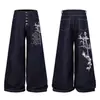 Jeans de Pierna Recta de Mezclilla Cruda con Estampado de Cruz Estilo Gótico Americano para Hombres y Mujeres Pantalones Anchos Sueltos de Múltiples Botones de Largo Completo