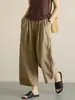 Verano Nuevo Color Sólido Algodón y Lino Pantalones de Pierna Ancha para Mujer Cintura Alta Elástico Lino Transpirable Pantalones Rectos Versátiles Pantalones Nueve Puntos Casual