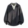 2026 Suéter de Punto Cruzado para Hombre Otoño e Invierno Cuello Solapa Falso Dos Piezas Jersey de Punto Juventud Casual Holgado Camisa Base para Hombre