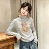 Nueva Camiseta Térmica Cepillada de Manga Larga para Niñas Otoño/Invierno con Cuello Semi-Alto Elegante Capa Base Top Rayado