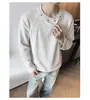 Camiseta Patchwork con Remaches de Punto Waffle para Hombre Otoño Marca de Moda Americana Peso Pesado Capa Interior Capa Base Sudadera con Capucha Superior Cuello Redondo