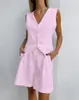 Conjunto de Chaleco y Shorts de Algodón y Lino de Diseño Europeo y Americano 2025 para Mujer, Conjunto Casual de Dos Piezas con Chaleco sin Mangas para Primavera y Verano