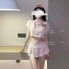 Sutiã sexy de três pontos uniforme de enfermeira conjunto de lingerie saia de alça transparente j empregada quente desejo puro