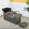 Cama de champú semirreclinable estilo lujo para salones de peluquería, lavabo cerámico integrado con reposapiés, cama de champú tipo sofá con cojín suave