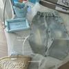 Talla Rollo 25 Jeans Nuevos Primavera y Otoño Niñas Color Sólido Combinan con Todo Jeans Azules Pantalones de Mezclilla con Encaje