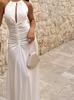 Personalizado Amazon 2024 Novo Sexy Decote Halter Plissado Poliéster Saia Longa Pulôver Slim Vestido Cor Pura para Mulheres