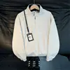 Sudadera de estilo coreano, corte limpio, con media cremallera y cuello alto para hombre, otoño, gris cáñamo con cuello de contraste, top pullover casual holgado deconstruido
