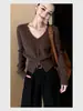 Elegante e estiloso top de café com meio zíper, novidade outono/inverno 2026, gola V, malha casual para o dia a dia, manga longa