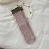 Calcetines de Color Contrastante con Borde Fruncido para Mujer, Estilo Ins Retro Japonés, Bloqueo de Color Dulce, Doble Capa, Canalé, Algodón Puro, Borde Enrollado, Calcetines de Media Pantorrilla