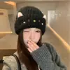 Novo Chapéu de Lã de Gatinho Fofo Outono e Inverno Feminino Quente com Forro de Fleece Moda Versátil Casual Proteção para Orelhas Chapéu de Tricô