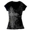 Primavera Escote en V Manga Larga Gótico Estampado de Pedrería Estilo Americano Negro Nuevo Retro Transfronterizo Camiseta de Manga Larga Ajustada para Mujer con Ceñidor en la Cintura