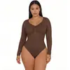 Mono de manga larga ajustado con cuello en V sin costuras para moldear el cuerpo, de gran elasticidad en la cintura y el abdomen, para mujer, con botones ocultos y estilo en T, súper vendido transfronterizo