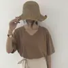 Camiseta Branca Gola V Manga Curta Feminina Tendência Verão 2024 Nova Sexy Clavícula Emagrecimento Estudantes Cor Sólida Top Solto