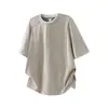 Yidao Vintage 2026 Verão Novo Estilo Japonês Tendência Simples Desconstruído Falso Duas Peças Gola Redonda Solta Versátil Manga Curta Camiseta