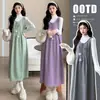 Ropa de maternidad otoño e invierno nuevo estilo vestido chaleco floral tridimensional con volantes cuello alto capa base conjunto de dos piezas con corbata para cubrir el vientre y estilizar