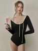 Traje de baño de una pieza estilo Ins para niña elegante, entallado, adelgazante, a prueba de sol, de manga larga, conservador, sencillo, estilo pequeño fragante, traje de baño para mujer