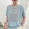 Camiseta de punto de manga corta con cuello redondo de Tencel Lyocell para mujer, estilo nuevo de verano 2025, top de punto hueco