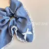 Estilo Simples Tecido Jeans Azul Laço Grande Anel de Cabelo Intestino Grosso Renda de Alta Qualidade Corda de Cabeça de Renda Cabeça de Bola Rabo de Cavalo Alto