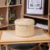 Cesta de Palha Trançada Feita à Mão em Estilo Rústico, Caixa Organizadora Redonda para Pulseiras e Cosméticos com Tampa, Cesta Organizadora para Presentes