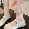 Meias finas com trama vazada para primavera e verão para mulheres, meias brancas respiráveis de algodão até o meio da panturrilha, estilo ballet, meias largas da moda