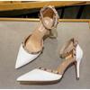 Zapatos de Tacón de Aguja para Mujer con Punta Hueca, Sandalias de Vestir con Hebilla de Una Línea en la Puntera, Nuevos 2025, Tacones Altos con Remaches Nude