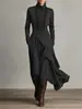 Moda Femenina Europea y Americana 2025 Sitio Independiente de Amazon Primavera y Otoño Más Vendido Vestido de Manga Larga Cruzado de Cuello Alto Falda Larga