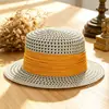 Sombrero de Sol de Verano Calado Transpirable Versátil Moda Sombrero de Paja Plano de Copa Plana Sombrero de Cubo Vacaciones en la Playa Sombrero de Playa Casual