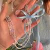 Collar apilado de tres capas con lazo y cuentas para niña de ballet Cadena para la clavícula con lazo Rosa