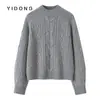 Suéter Feminino de Cashmere Tricô de 5 Fios Cor Sólida Espessado Corte Regular Ombro Raglã Quente