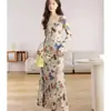 Vestido Largo de Primavera y Otoño con Pliegues, Mangas de Campana, Estampado de Mariposas, Cuello en U para Mujer, Estilo Vintage, Cintura Ceñida, de Venta Transfronteriza
