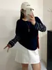 Top de manga larga a rayas con cuello redondo para mujer de talla grande 2026 otoño suelto adelgazante casual suéter de punto para mujeres de talla grande 23683