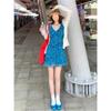 Vestido Petite Azul Floral con Cuello en V para Mujer Verano 2025 Nuevo Talla Grande Gordo mm Hermoso Estilo Vacacional Falda Corta
