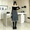 2026 Falda Media de Lana Gris Oscuro Cintura Alta Abertura Frontal Falda de Línea A de Longitud Media Elegante Adelgazante Transfronteriza Versátil Falda Media