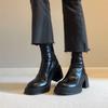 Versión Piel de Vaca ~ Café Retro Piel Genuina Suela Gruesa Elevada Botas Martin Simples con Cremallera Trasera Tacón Grueso Retro Botines Delgados