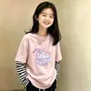 Camiseta suelta de algodón puro a rayas y retazos para niña, manga larga, estilo nuevo de primavera y otoño, para niños medianos y grandes, tipo dos piezas, camiseta base elegante