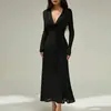 Novo Estilo de Comércio Exterior Elegante e Sexy Moda Slim-Fit Decote em V Profundo Franzido Cor Sólida Elegante Vestido de Noite Vestido de Manga Longa para Mulheres