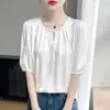 Camiseta Feminina Redonda Manga Curta de Cetim Transfronteiriça Nova Coleção Primavera/Verão 2025 Moda Gelo Seda Camisa Base Fina para um Look Jovem