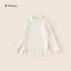 Camiseta de Manga Larga para Niña con Dobladillo de Encaje, Cuello Redondo, Borde Fruncido, Prenda Versátil de Invierno para Niñas